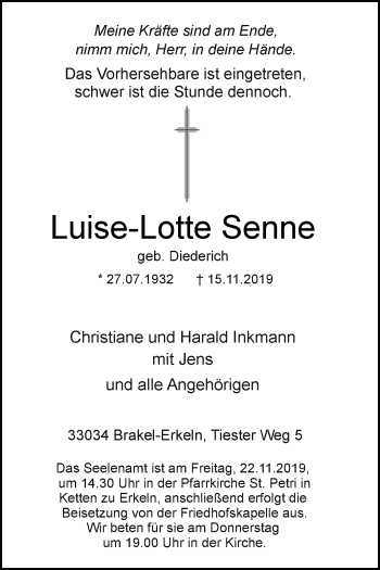 Traueranzeige von Luise-Lotte Senne von Westfalen-Blatt