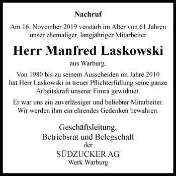 Traueranzeige von Manfred Laskowski von Westfalen-Blatt