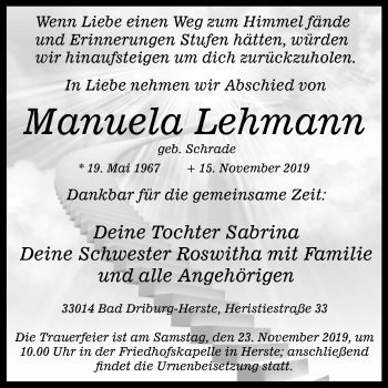 Traueranzeige von Manuela Lehmann von Westfalen-Blatt