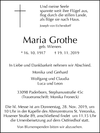 Traueranzeige von Maria Grothe von Westfalen-Blatt