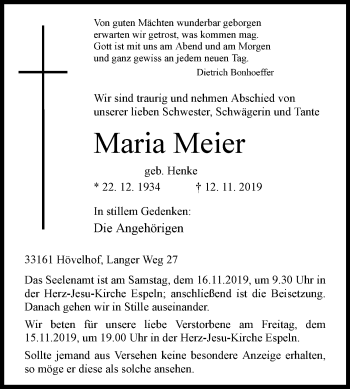 Traueranzeige von Maria Meier von Westfalen-Blatt