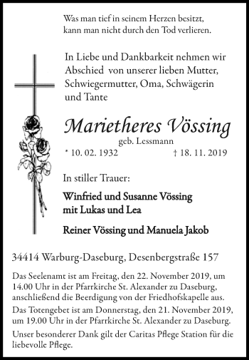 Traueranzeige von Marietheres Vössing von Westfalen-Blatt