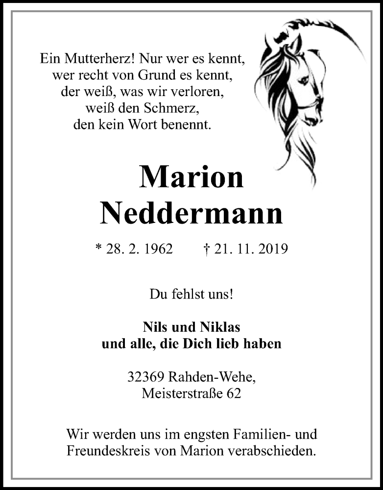  Traueranzeige für Marion Neddermann vom 30.11.2019 aus Westfalen-Blatt