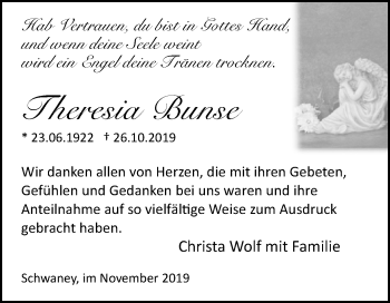 Traueranzeige von Theresia Bunse von Westfalen-Blatt