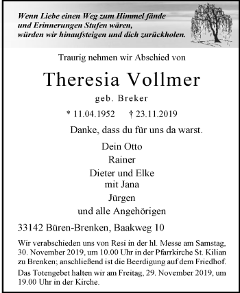 Traueranzeige von Theresia Vollmer von Westfalen-Blatt