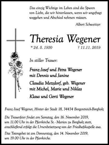 Traueranzeige von Theresia Wegener von Westfalen-Blatt