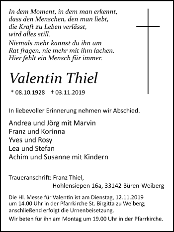 Traueranzeige von Valentin Thiel von Westfalen-Blatt