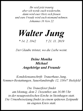 Traueranzeige von Walter Jung von Westfalen-Blatt