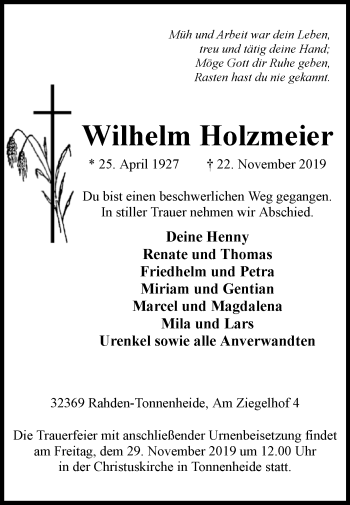 Traueranzeige von Wilhelm Holzmeier von Westfalen-Blatt