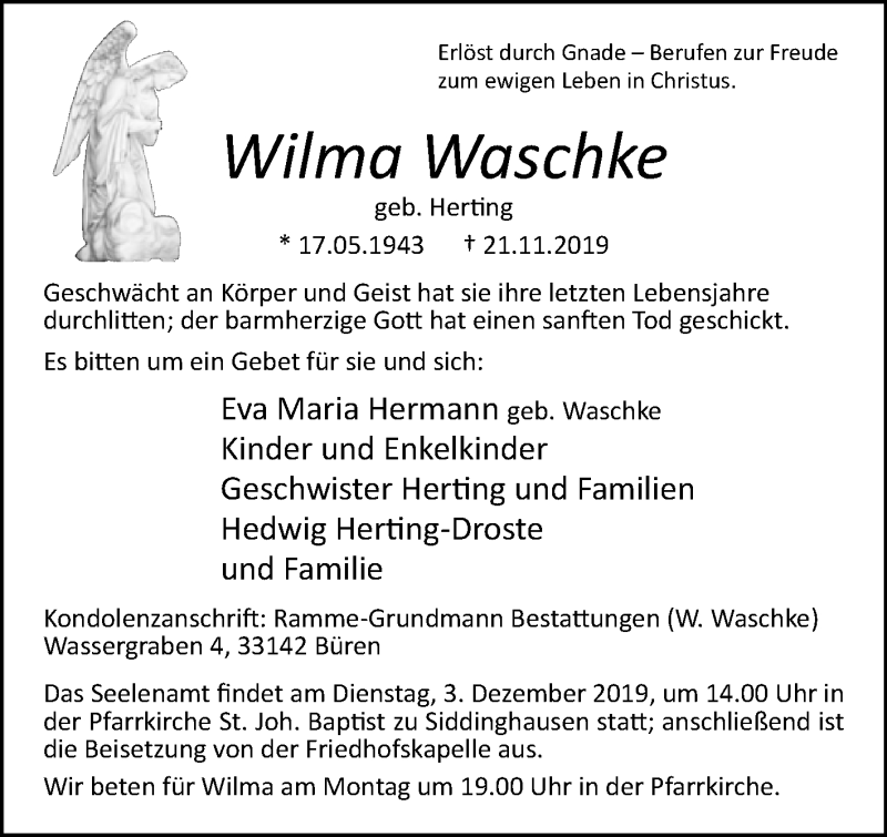  Traueranzeige für Wilma Waschke vom 27.11.2019 aus Westfalen-Blatt