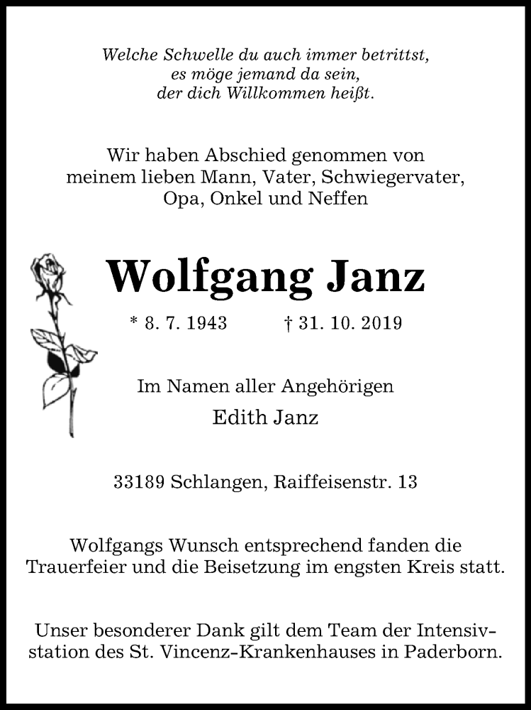 Traueranzeigen von Wolfgang Janz | www.westfalen-blatt.de