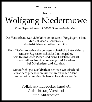 Traueranzeige von Wolfgang Niedermowe von Westfalen-Blatt