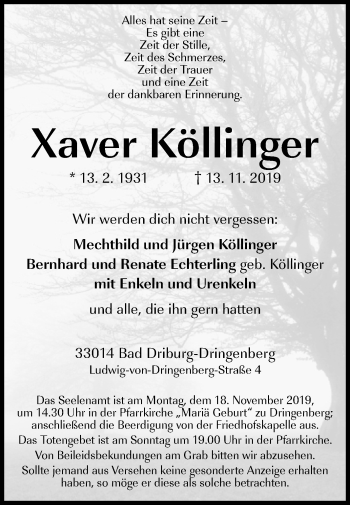 Traueranzeige von Xaver Köllinger von Westfalen-Blatt