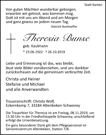 Traueranzeige von Theresia Bunse von Westfalen-Blatt