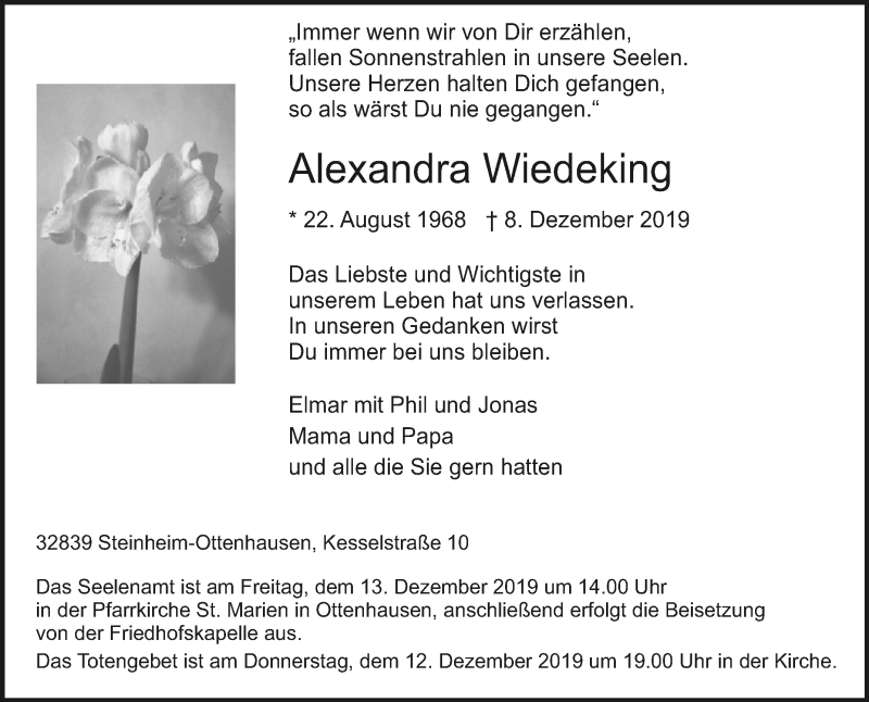  Traueranzeige für Alexandra Wiedeking vom 11.12.2019 aus Westfalen-Blatt