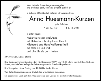 Traueranzeige von Anna Huesmann-Kurzen von Westfalen-Blatt