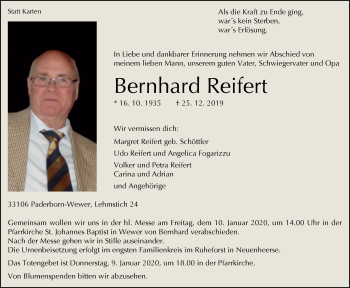 Traueranzeige von Bernhard Reifert von Westfalen-Blatt