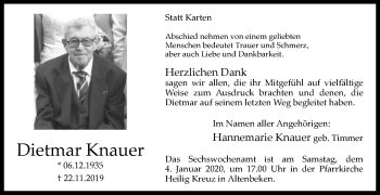 Traueranzeige von Dietmar Knauer von Westfalen-Blatt