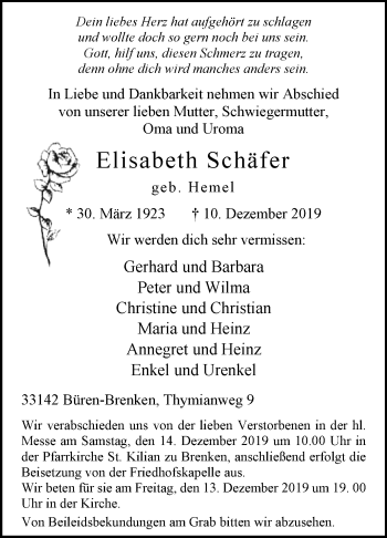 Traueranzeige von Elisabeth Schäfer von Westfalen-Blatt