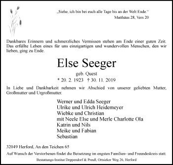 Traueranzeige von Else Seeger von Westfalen-Blatt