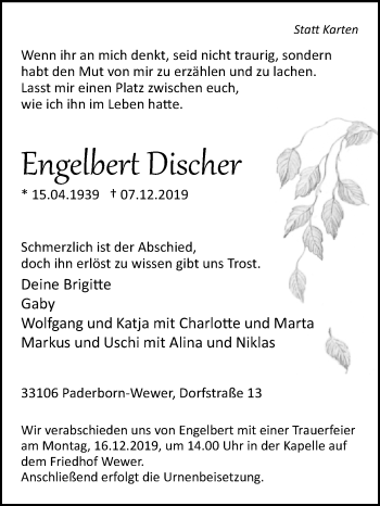 Traueranzeige von Engelbert Discher von Westfalen-Blatt