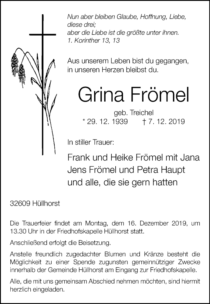  Traueranzeige für Grina Frömel vom 10.12.2019 aus Westfalen-Blatt