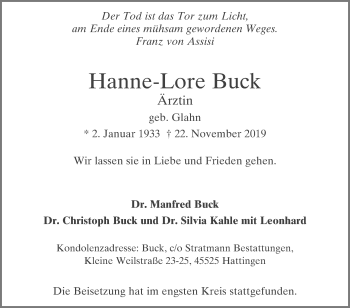 Traueranzeige von Hanne-Lore Buck von Westfalen-Blatt