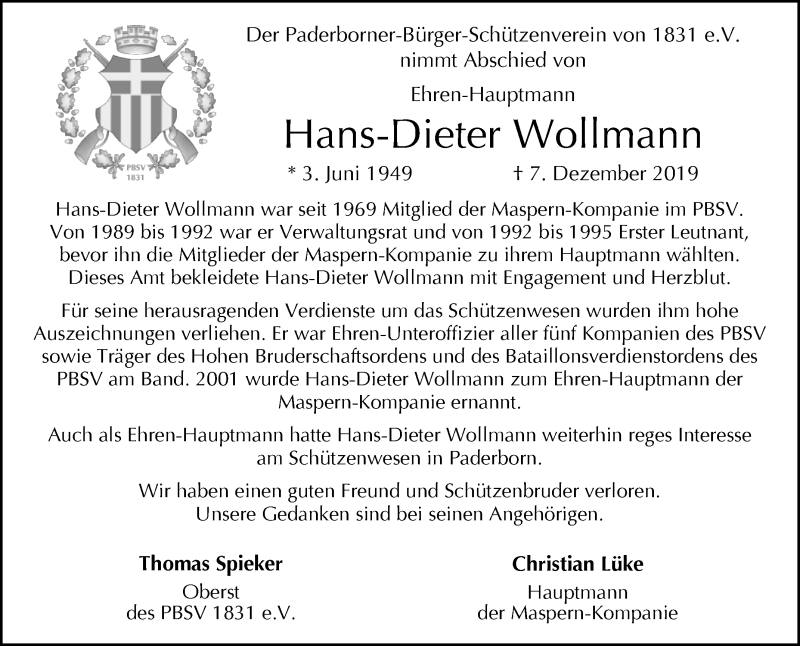  Traueranzeige für Hans-Dieter Wollmann vom 14.12.2019 aus Westfalen-Blatt