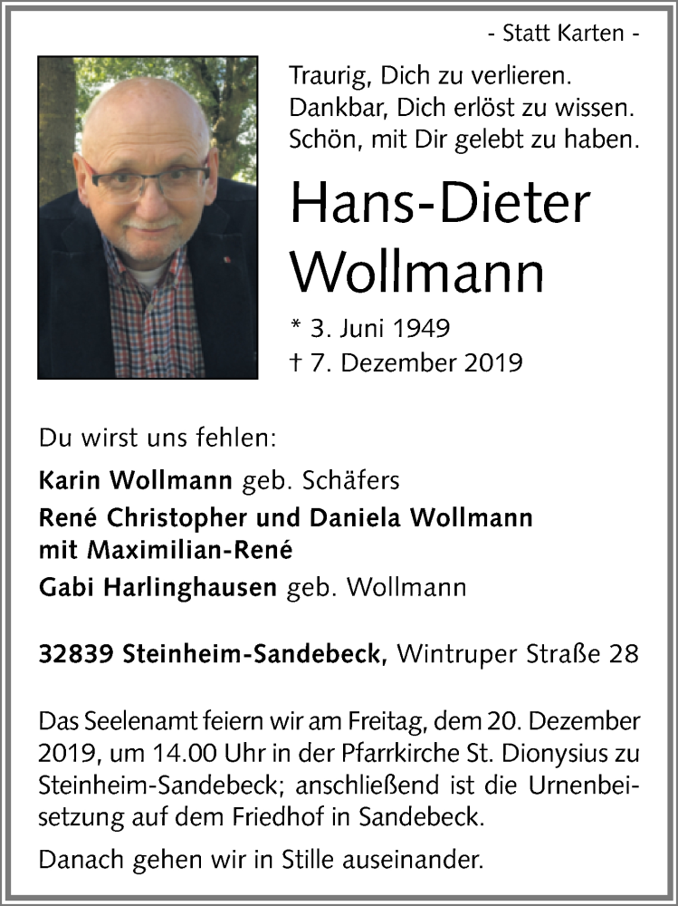  Traueranzeige für Hans-Dieter Wollmann vom 14.12.2019 aus Westfalen-Blatt