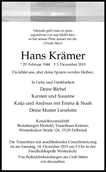 Traueranzeige von Hans Krämer von Westfalen-Blatt