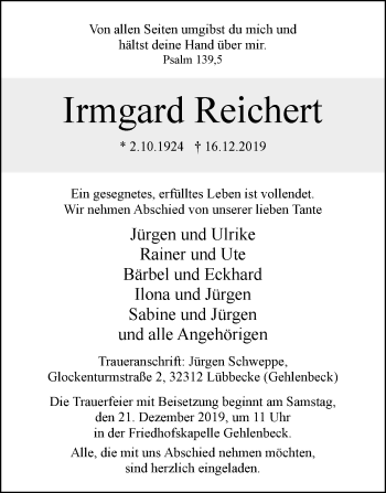 Traueranzeige von Irmgard Reichert von Westfalen-Blatt