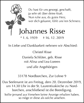 Traueranzeige von Johannes Risse von Westfalen-Blatt