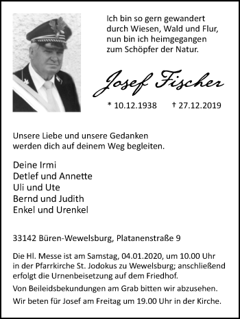 Traueranzeige von Josef Fischer von Westfalen-Blatt