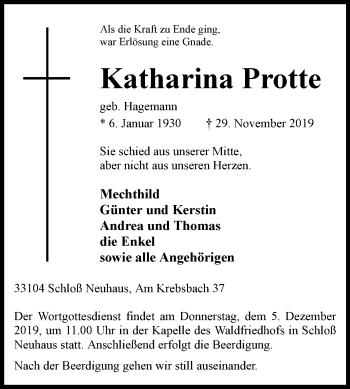 Traueranzeige von Katharina Protte von Westfalen-Blatt