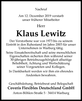 Traueranzeige von Klaus Lewitz von Westfalen-Blatt