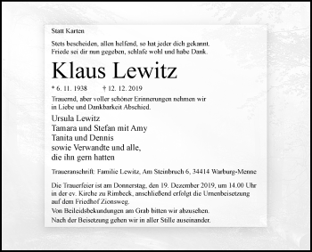 Traueranzeige von Klaus Lewitz von Westfalen-Blatt