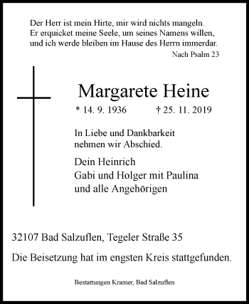 Traueranzeige von Margarete Heine von Westfalen-Blatt