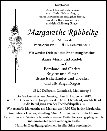 Traueranzeige von Margarethe Rübbelke von Westfalen-Blatt