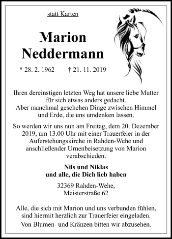 Traueranzeige von Marion Neddermann von Westfalen-Blatt