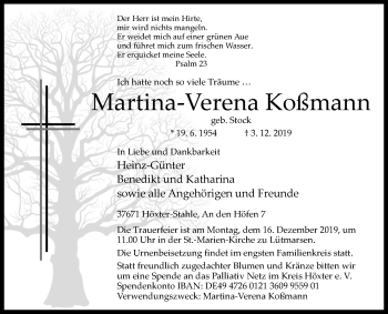 Traueranzeige von Martina-Verena Koßmann von Westfalen-Blatt