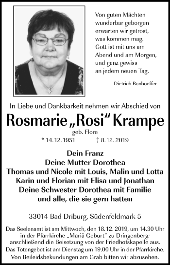 Traueranzeige von Rosmarie Krampe von Westfalen-Blatt