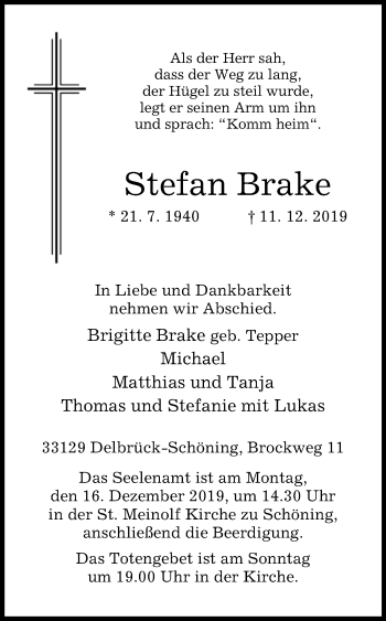 Traueranzeige von Stefan Brake von Westfalen-Blatt