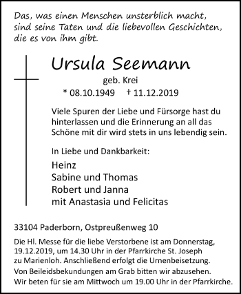 Traueranzeige von Ursula Seemann von Westfalen-Blatt