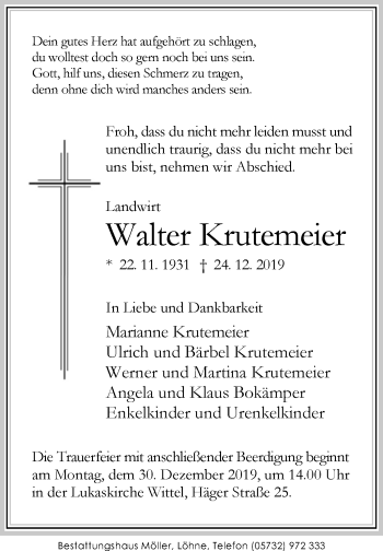 Traueranzeige von Walter Krutemeier von Westfalen-Blatt