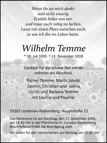 Traueranzeige von Wilhelm Temme von Westfalen-Blatt