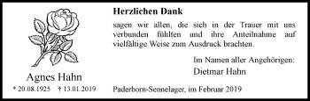 Traueranzeige von Agnes Hahn von Westfalen-Blatt