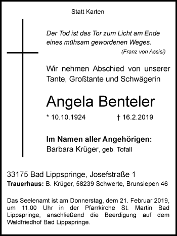 Traueranzeige von Angela Benteler von Westfalen-Blatt