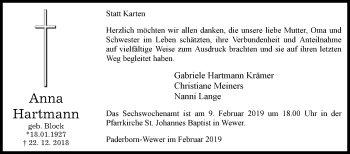 Traueranzeige von Anna Hartmann von Westfalen-Blatt