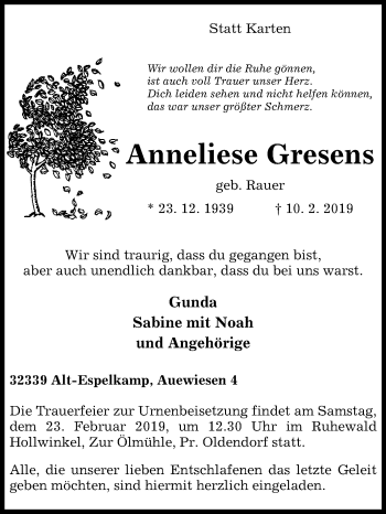 Traueranzeige von Anneliese Gresens von Westfalen-Blatt