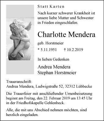 Traueranzeige von Charlotte Mendera von Westfalen-Blatt